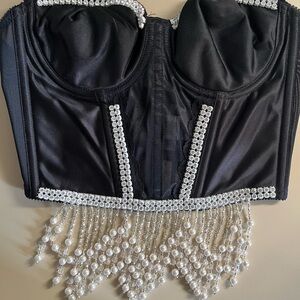 Linda Bentley Black Bustier with Pearl Fringe